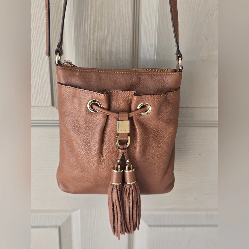 Michael Kors Leather Crossbody Bag Women's Brown Pebble Tassels Logo Small